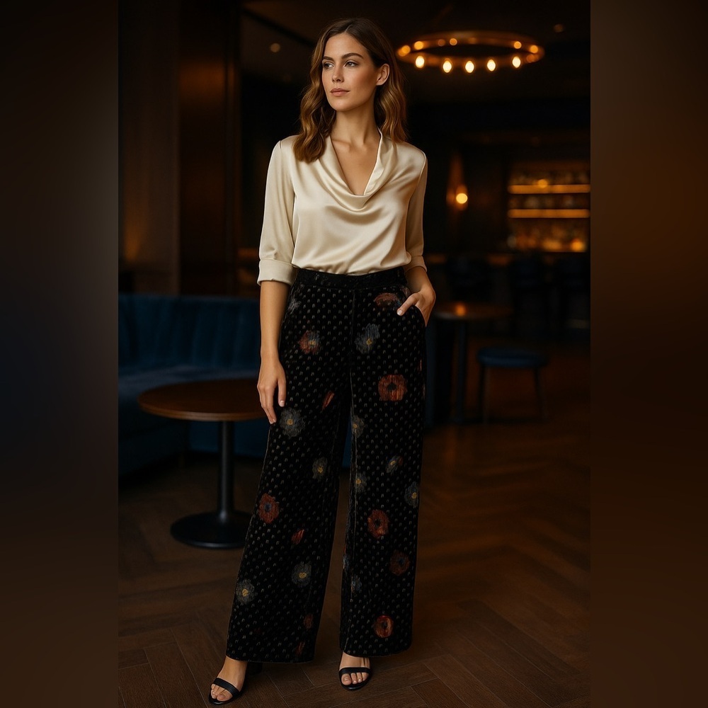 Anthropologie NWT Eva Franco Sz 0 Velvet Wide Leg Pants Black Motif Floral Glam - Picture 10 of 16